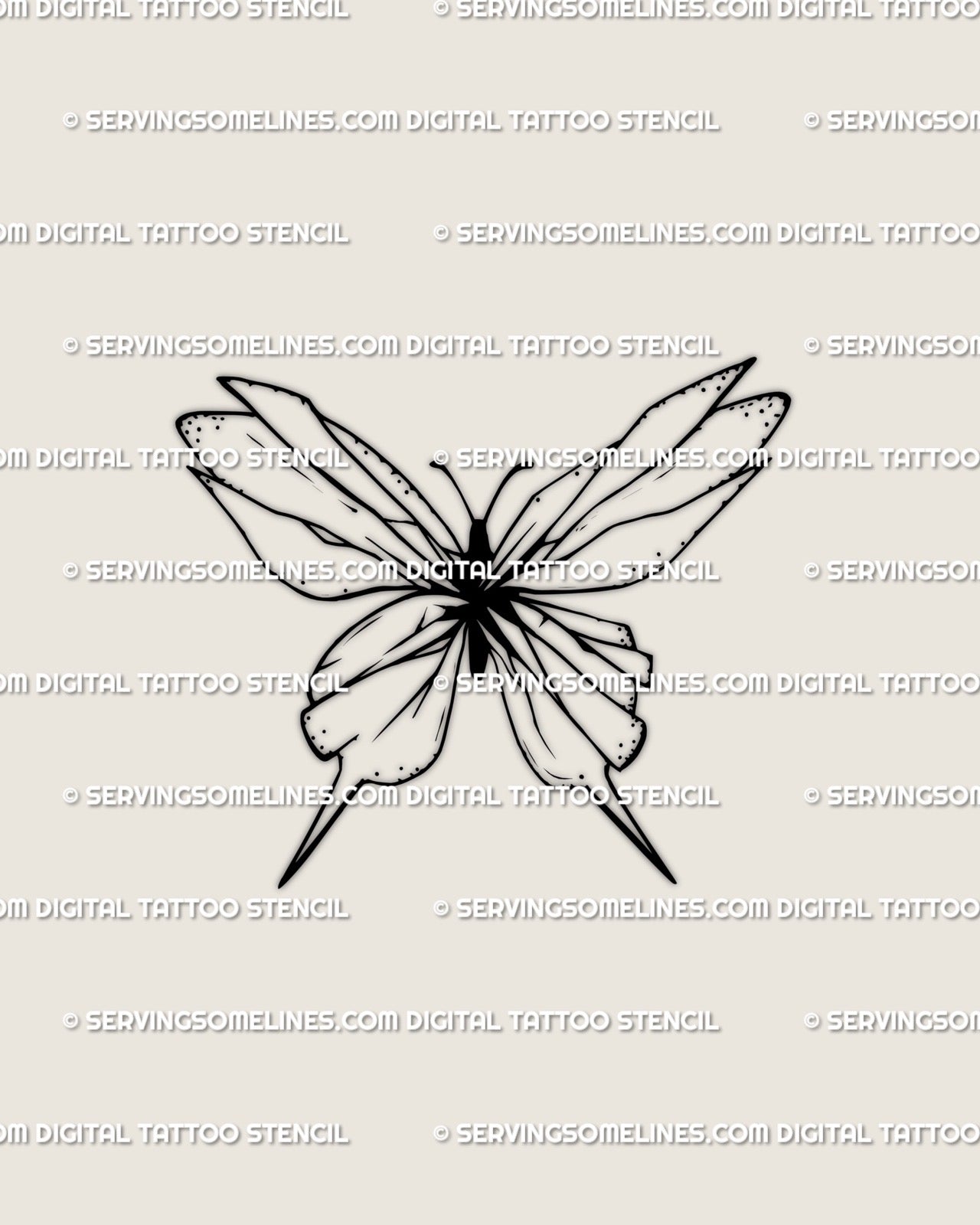 Minimal shattered glass butterfly tattoo stencil with cracked wing details, fine-line digital design symbolizing strength and renewal through fragility