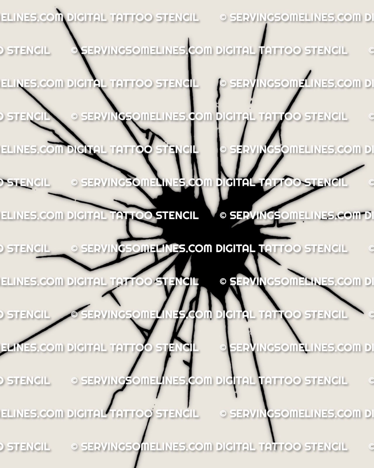 Shattered glass heart tattoo stencil, impact-burst shards and fracture rays, broken glass heart tattoo with bold black core. 