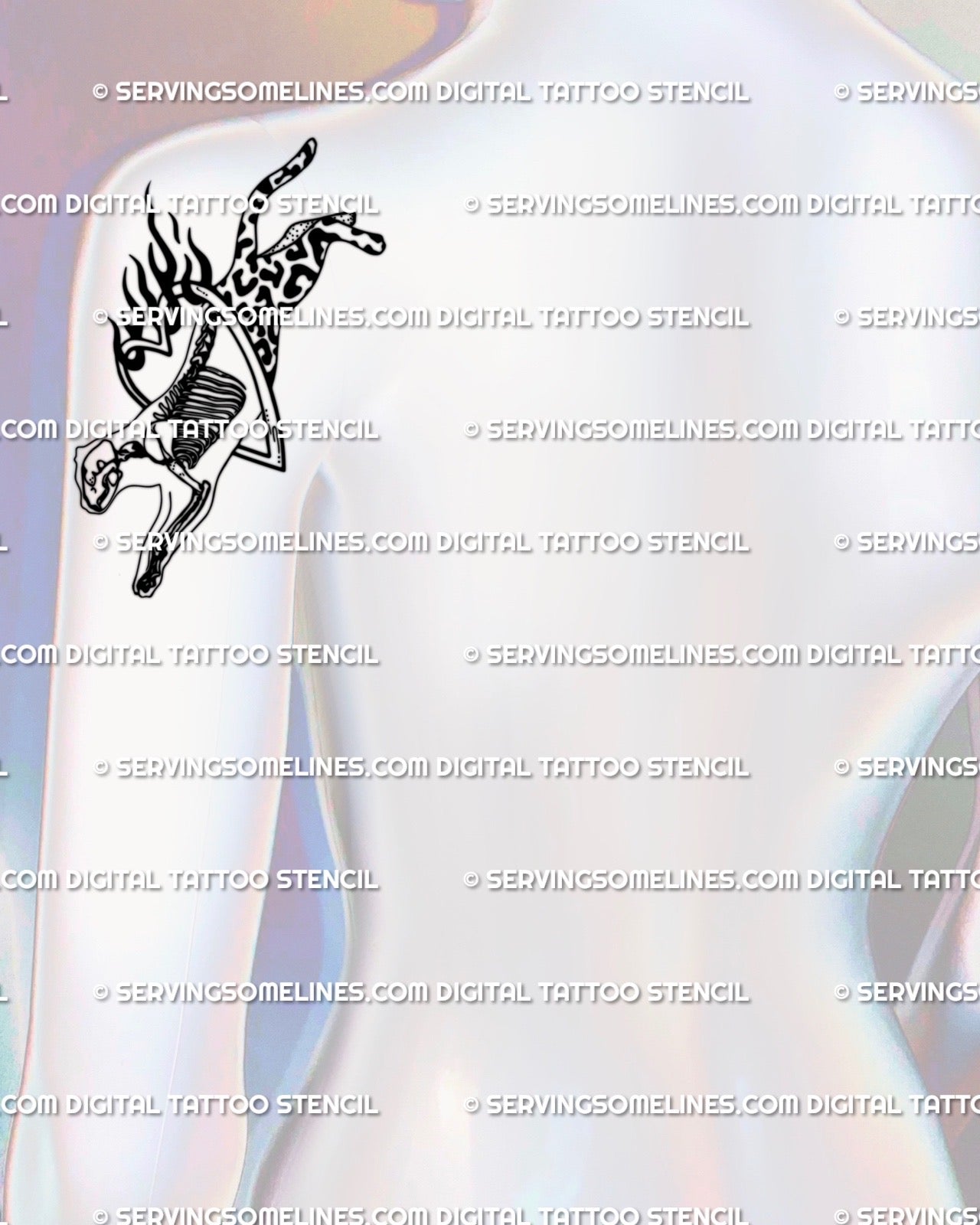 Weirdcore cheetah flaming cat tattoo preview wrapping shoulder and arm, half skeleton, half leopard, original digital stencil artwork. 