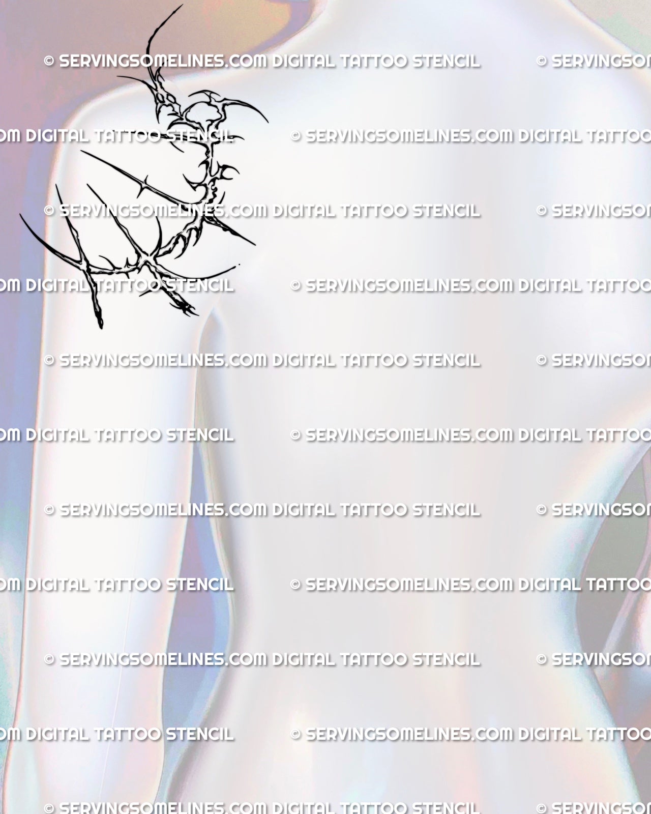 Crescent moon cybersigilism tattoo design shown on back shoulder, elegant blackwork lunar stencil highlighting curved flow. 