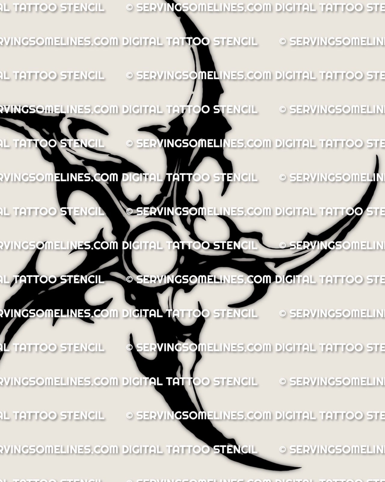 Close view of shuriken tattoo stencil, heavy black blades with negative space cuts and clean circular center, ninja star design. 