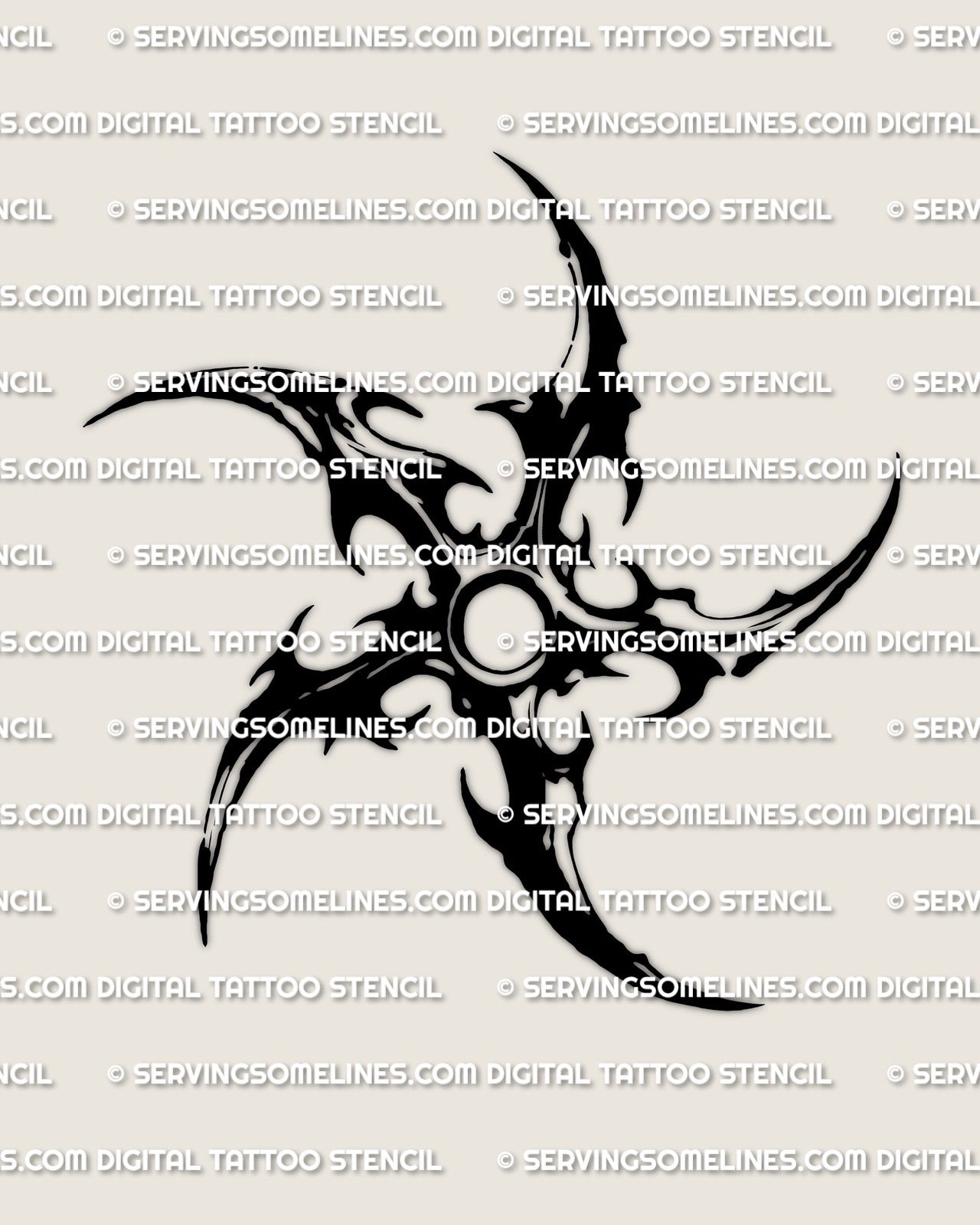 Shuriken tattoo stencil design, bold ninja star with center ring and cyber cutouts, printable PNG for stencil transfer.