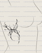 Butterfly heart wings tattoo stencil on side breast placement, delicate cybersigilism fairycore digital design for subtle line tattoo. 