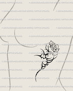Delicate neotribal rose with thorn stem, placed on the side breast, a feminine cyber sigil floral tattoo that feels minimal and gothic.