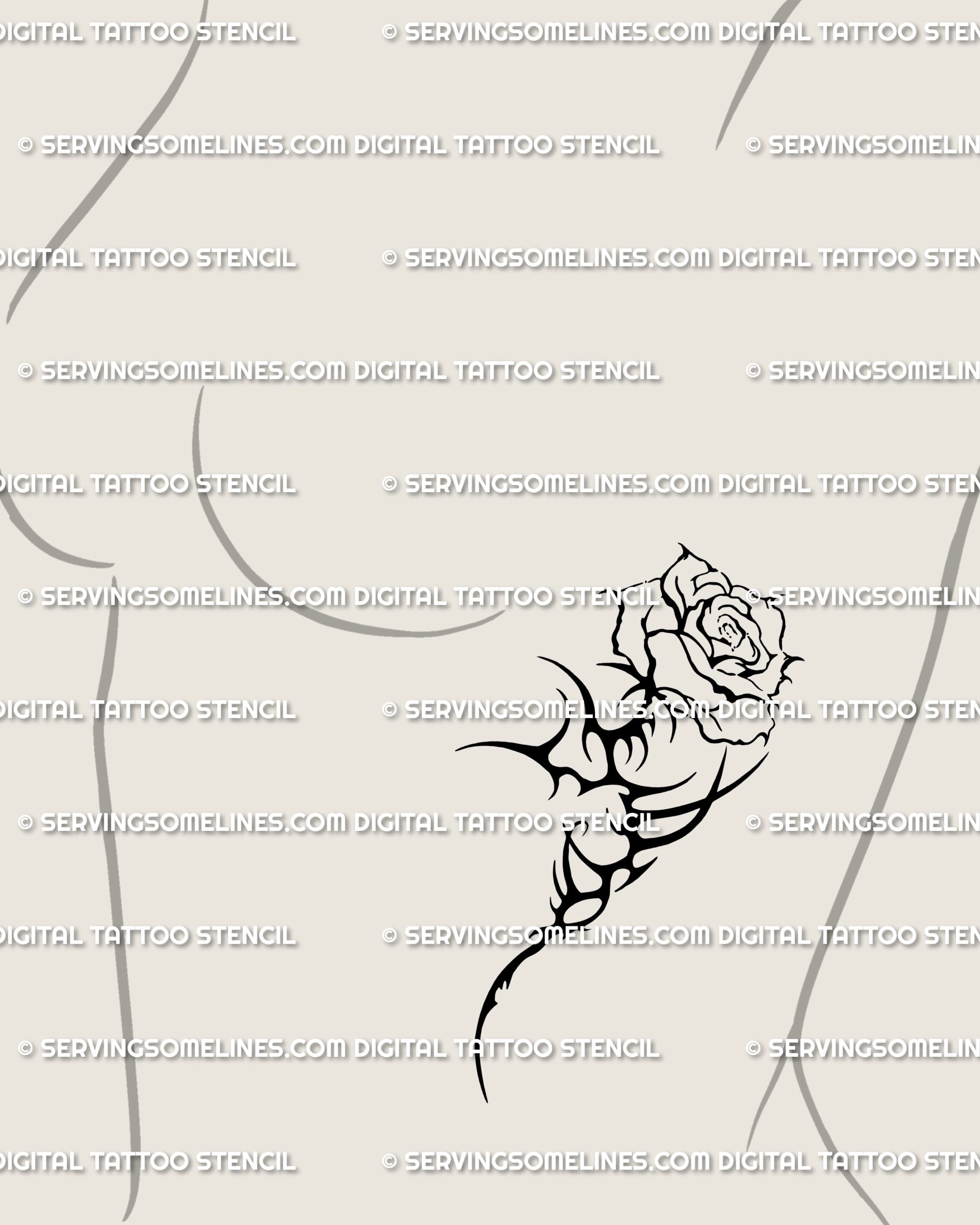 Delicate neotribal rose with thorn stem, placed on the side breast, a feminine cyber sigil floral tattoo that feels minimal and gothic.