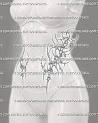 Side hip and waist tattoo stencil preview with heart sigil details, curved points, dotted texture, and open spaces.