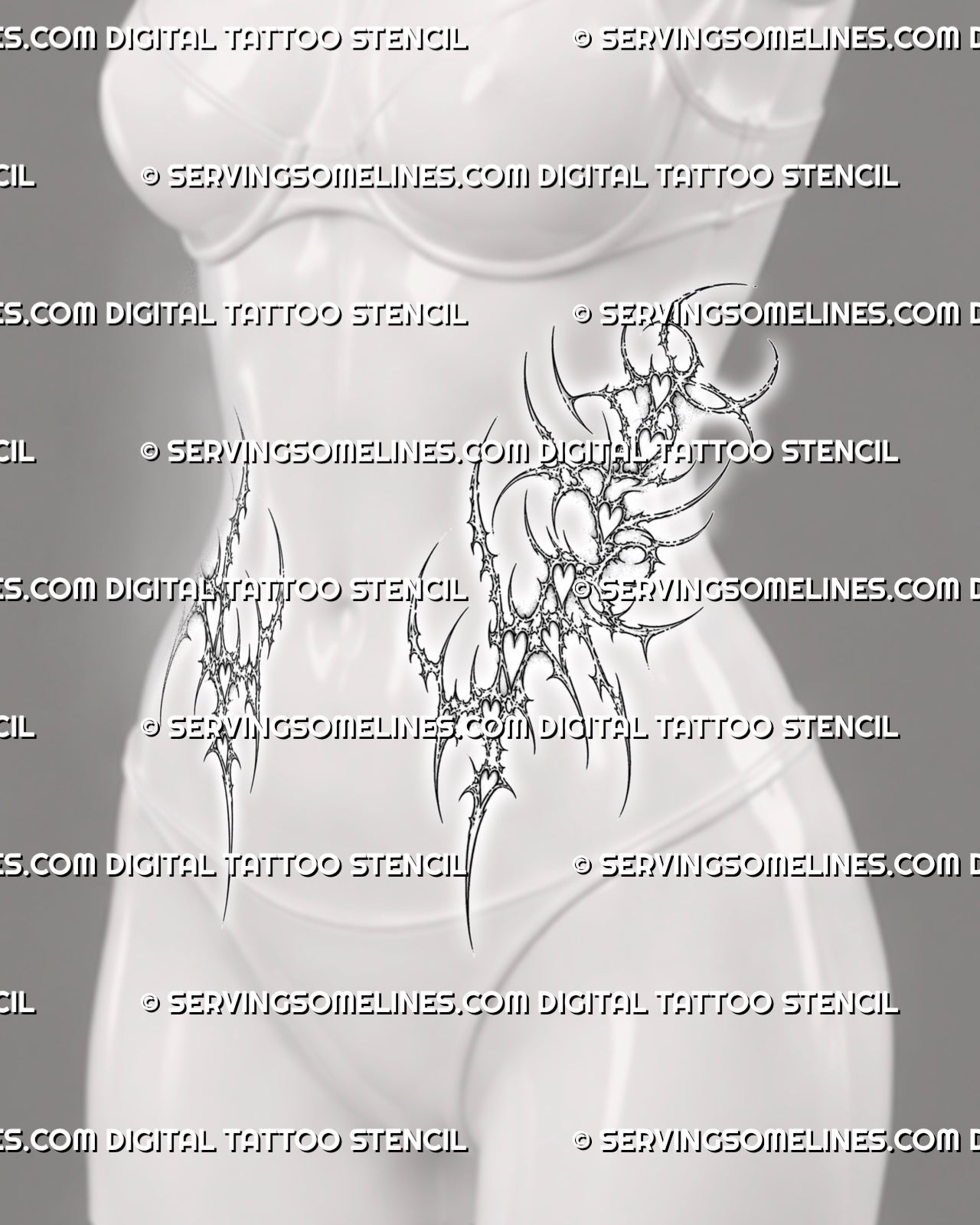 Side hip and waist tattoo stencil preview with heart sigil details, curved points, dotted texture, and open spaces.