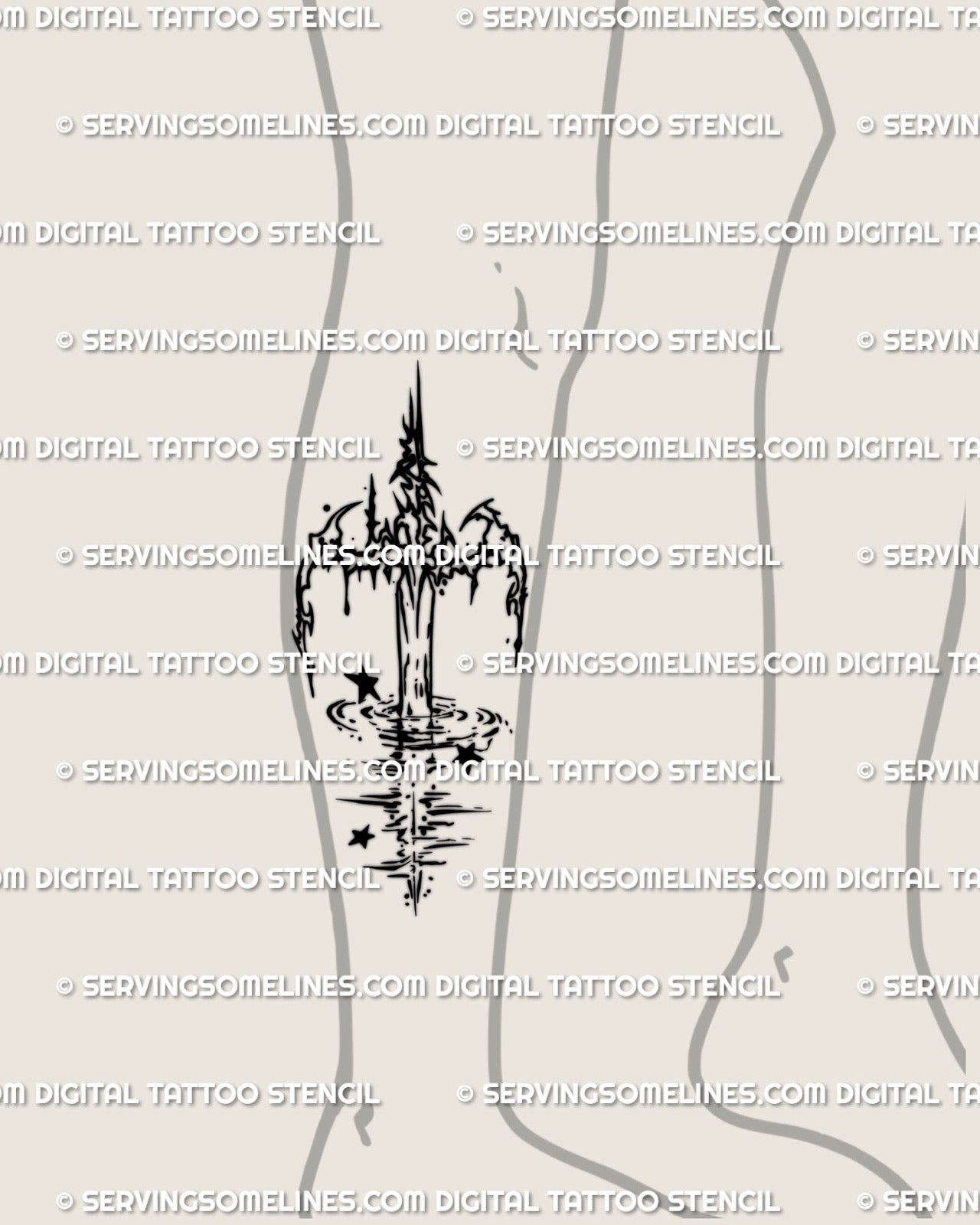 Clean sword design with soft water curves shown on the side of the lower leg with a light cyber inspired outline for a modern look