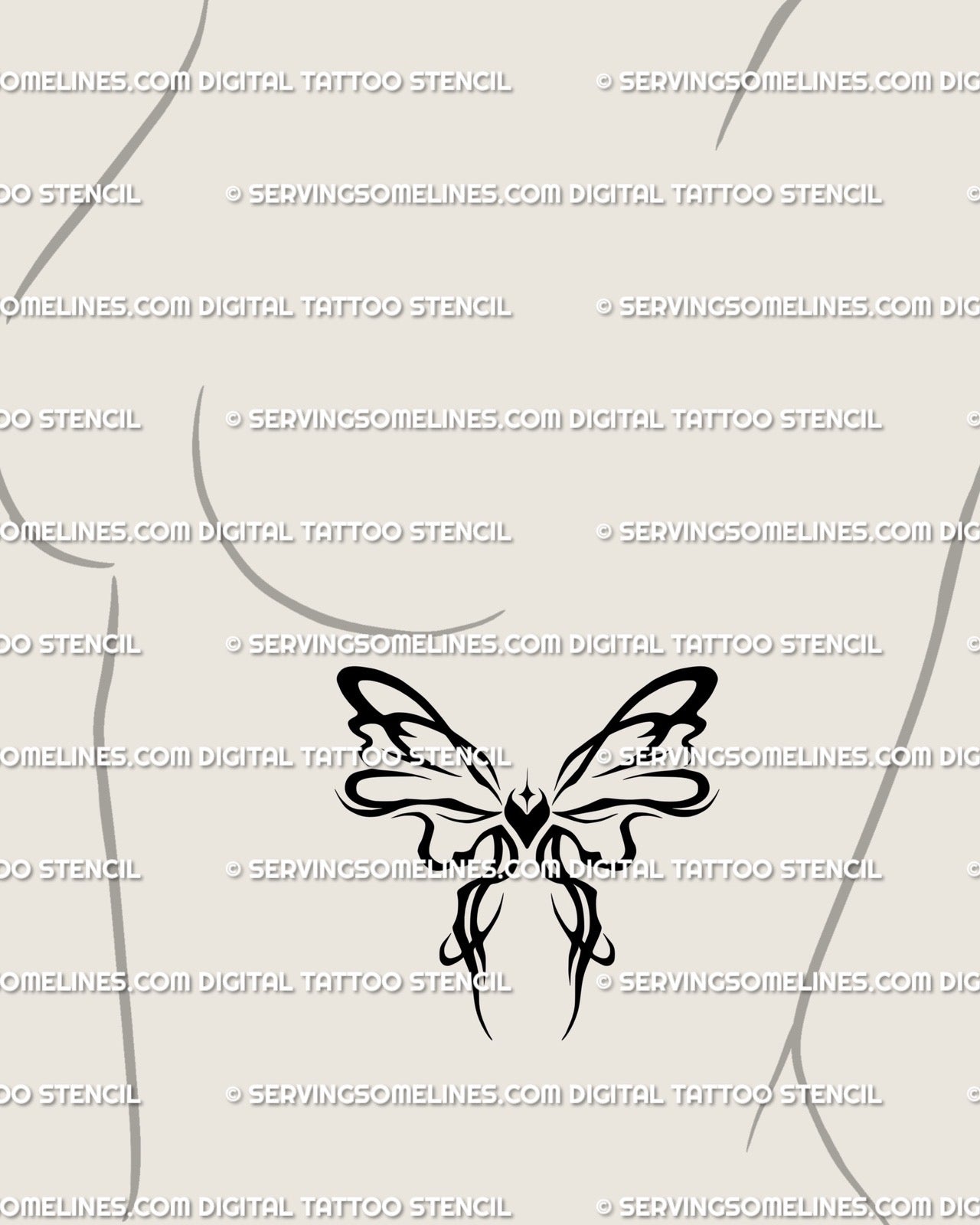 Girly cybersigilism bow tattoo along woman’s side ribs, delicate neotribal ribbon design with abstract butterfly-like shape.