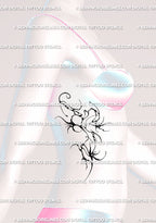 Dark floral cybersigilism tattoo placed on side ribs, demonic ornamental flower design with elegant black gothic energy.