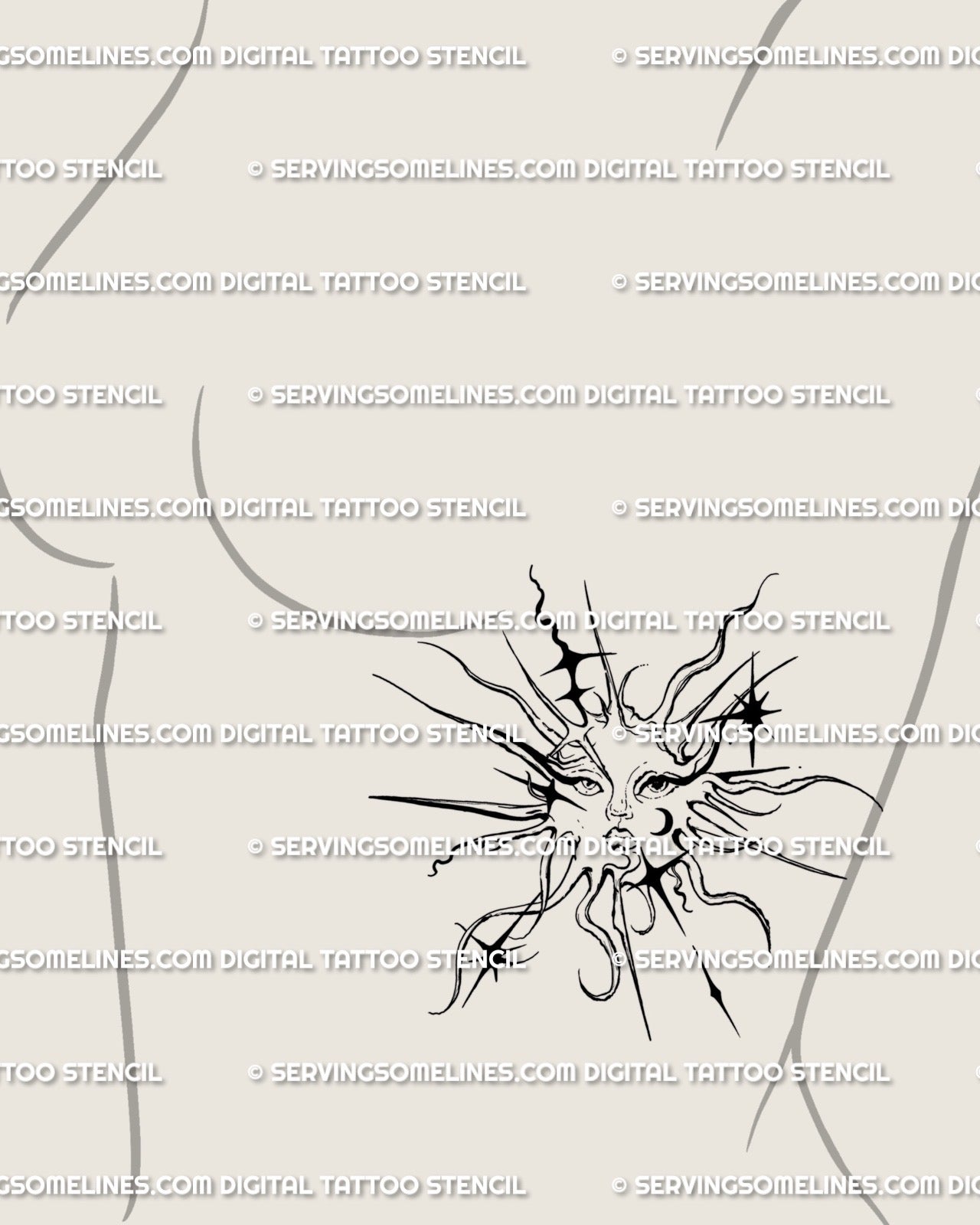 Side ribs ornamental celestial sun and moon tattoo, fine-line gothic cybersigilism style with spiky solar rays and balanced tribal arcs.