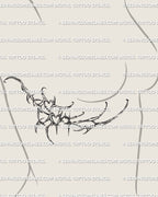 Curved cybersigilism rib cage tattoo design shown on side torso placement with abstract hearts and spiky ornamental linework in feminine style