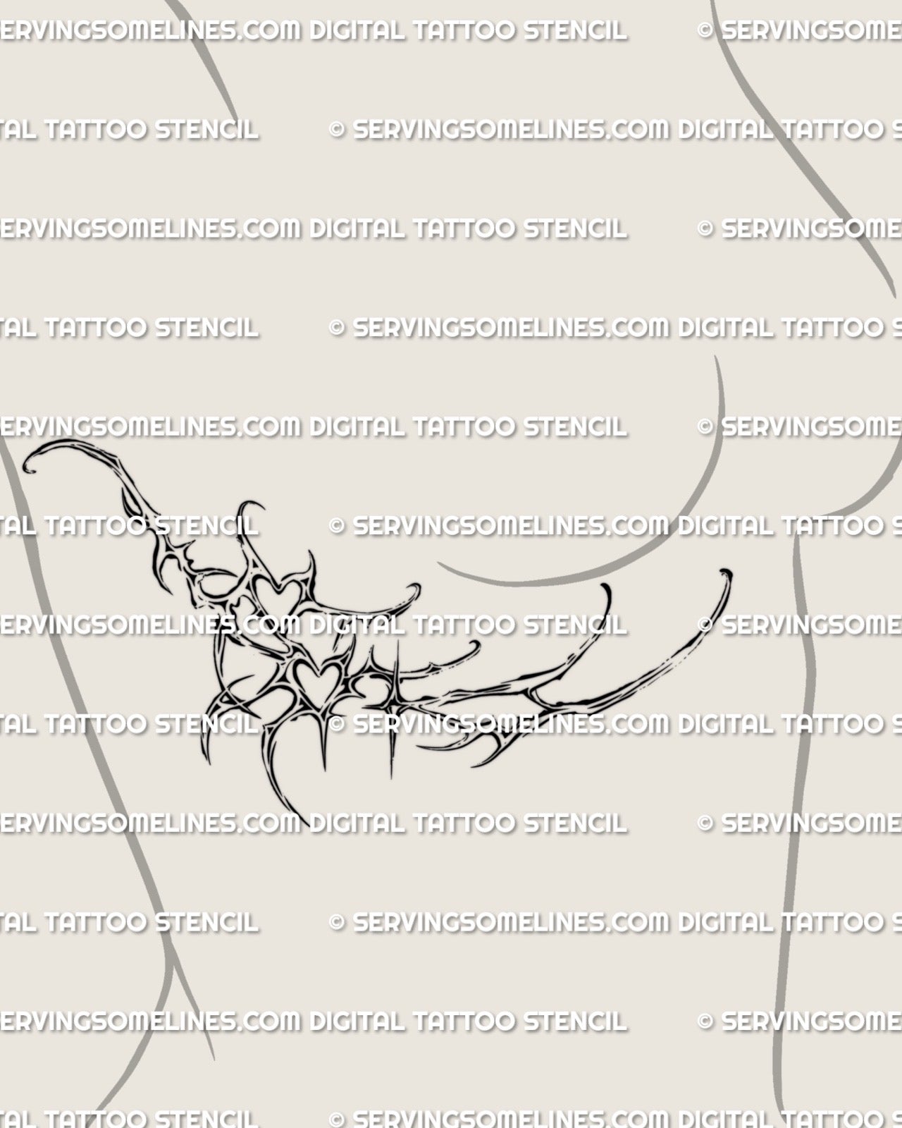 Curved cybersigilism rib cage tattoo design shown on side torso placement with abstract hearts and spiky ornamental linework in feminine style