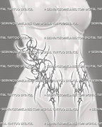 Side waist view of a cybersigilism tattoo for women, placed near the hip with open heart details and slim pointed curves.
