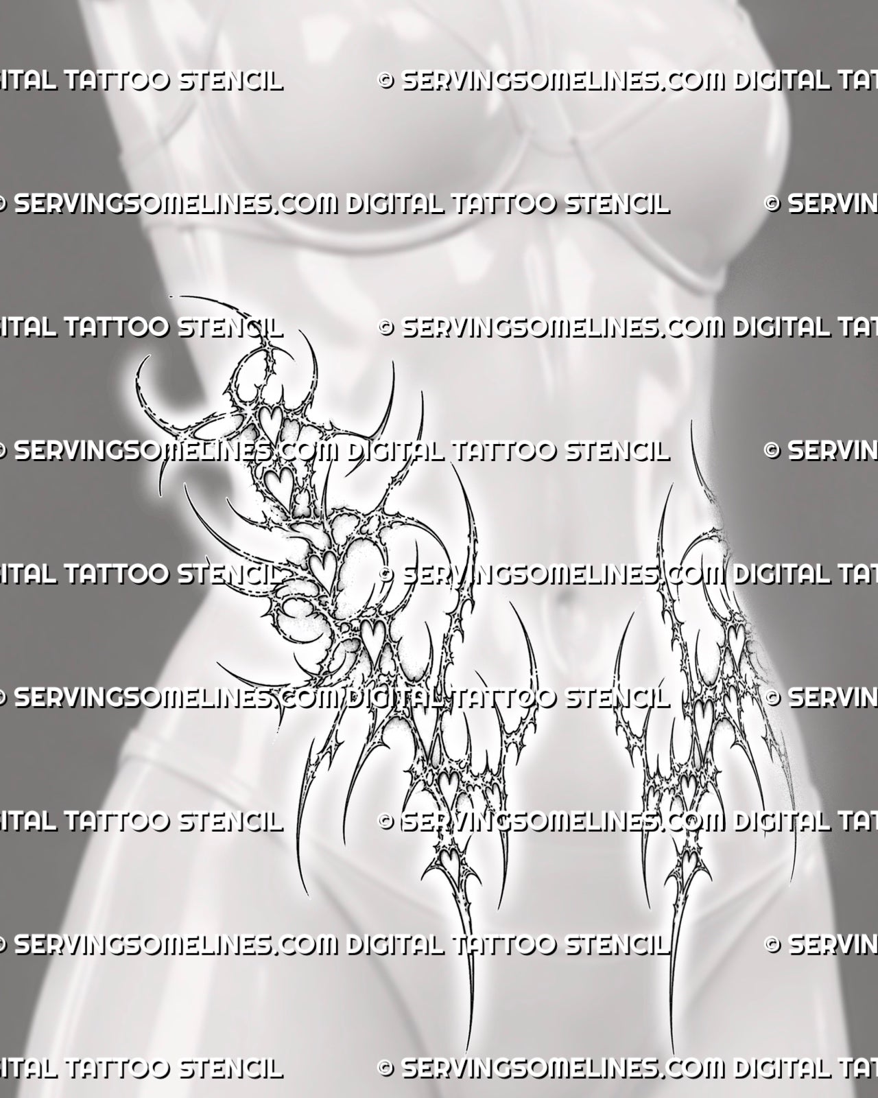 Side waist view of a cybersigilism tattoo for women, placed near the hip with open heart details and slim pointed curves.