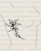 Alternative floral tattoo idea on side breast, gothic lily cybersigilism stencil with pierced petal, combining feminine elegance and cyber edge.