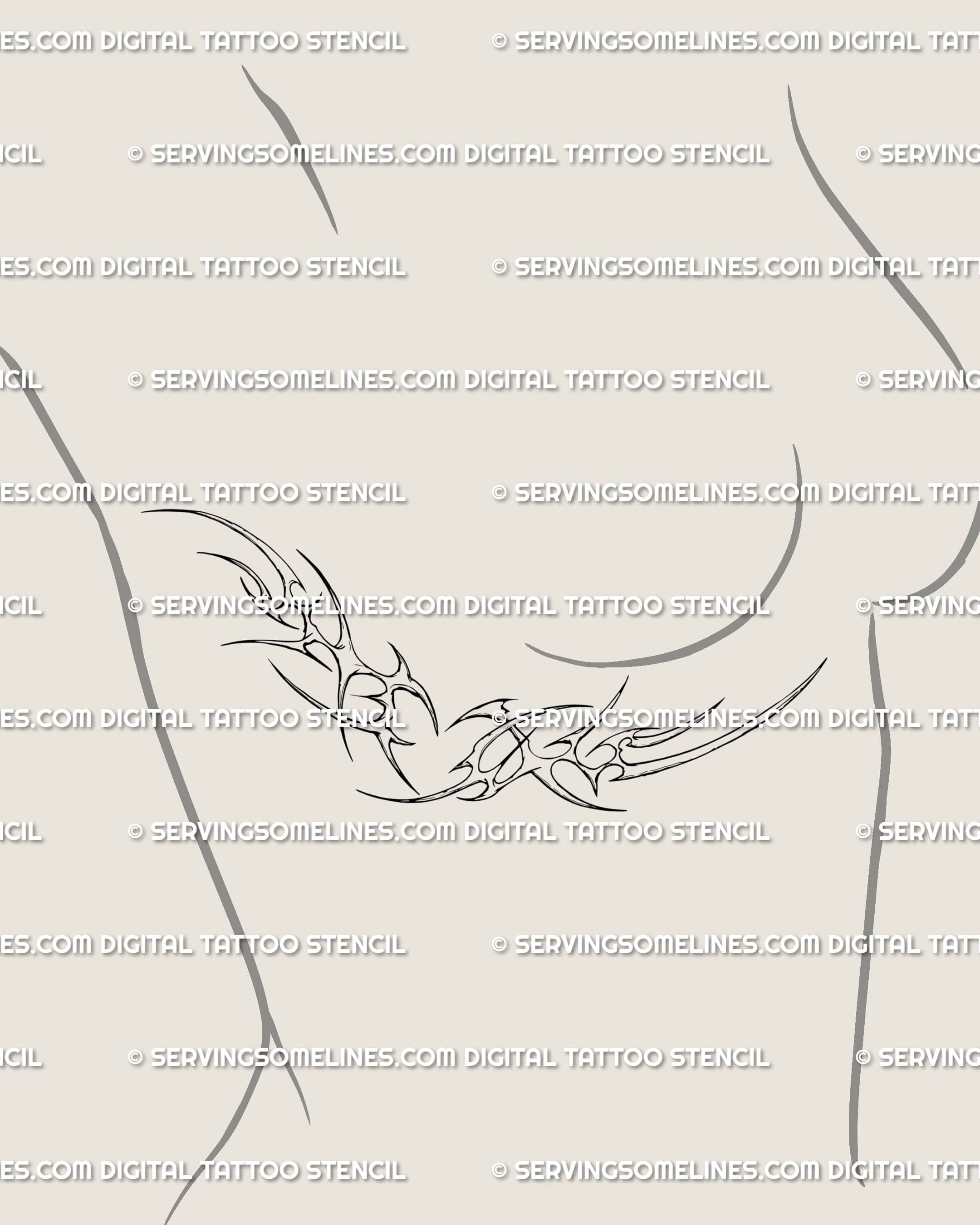 Cyber neotribal side breast tattoo stencil, feminine thorn heart line design that flows along rib cage, gothic and ornamental.