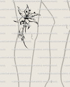 Neotribal cybersigilism lily flower tattoo placed on side of knee, futuristic gothic floral design that bends with joint movement.