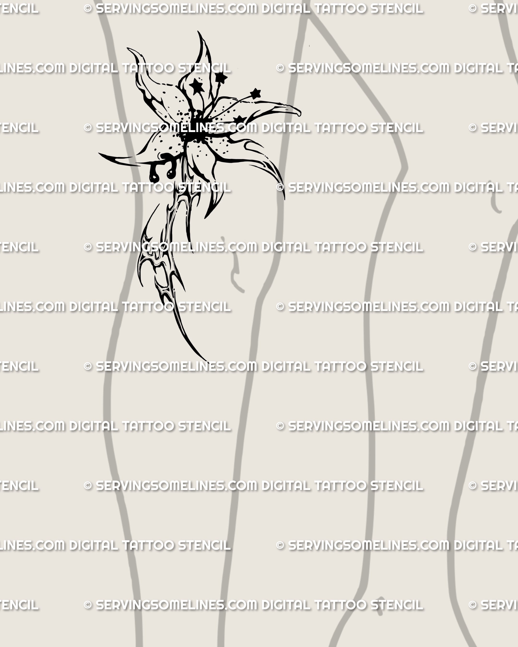 Neotribal cybersigilism lily flower tattoo placed on side of knee, futuristic gothic floral design that bends with joint movement.