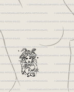 Snake hair line art tattoo download showing Medusa as cracked statue form, rib placement idea with gothic mythology symbolism and feminine strength.