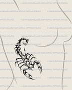 Scorpion heart rib tattoo stencil, neotribal and gothic style linework flowing with ribcage movement, symbolic girly goth tattoo idea.