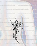 Gothic cybersigilism lily tattoo stencil styled along the side torso and back, ornamental neotribal floral design enhancing feminine body flow.