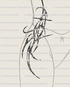 One sided waist to hip cyber tribal tattoo with chrome styled curves, abstract spikes and rib flow drawn for a feminine side torso placement