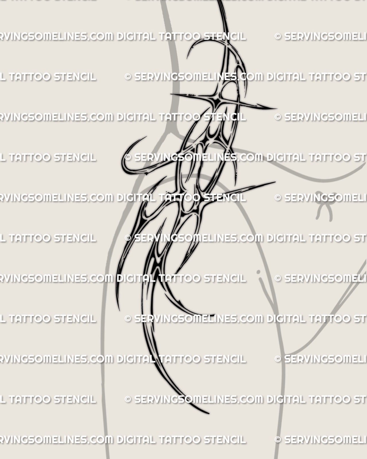 One sided waist to hip cyber tribal tattoo with chrome styled curves, abstract spikes and rib flow drawn for a feminine side torso placement