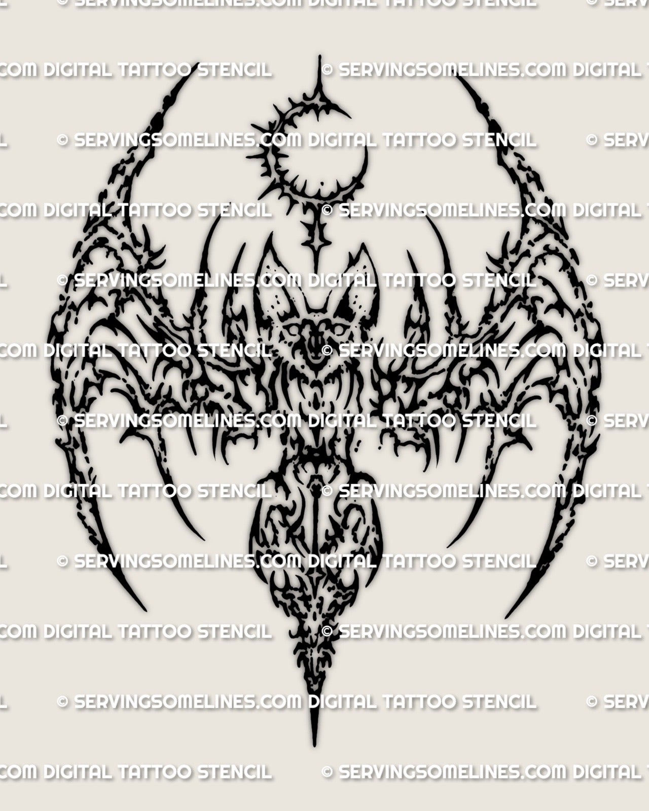Sigil bat tattoo stencil file, bold nocturnal bat icon with pointed details, printable digital download.