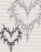 Sigil heart tattoo design with sharp curved glyph linework, open center heart shape, high contrast black lines for stencil transfer.