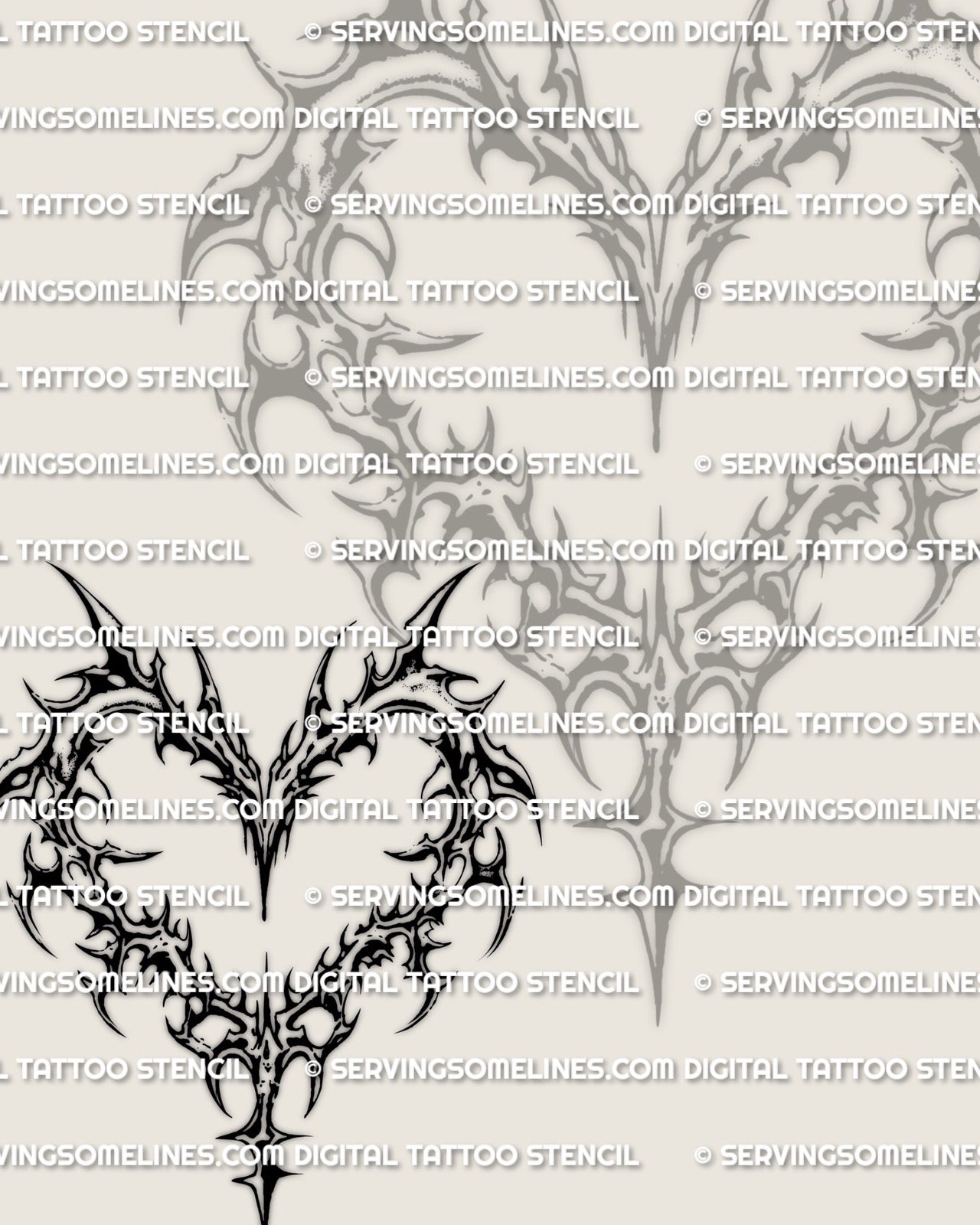 Sigil heart tattoo design with sharp curved glyph linework, open center heart shape, high contrast black lines for stencil transfer.