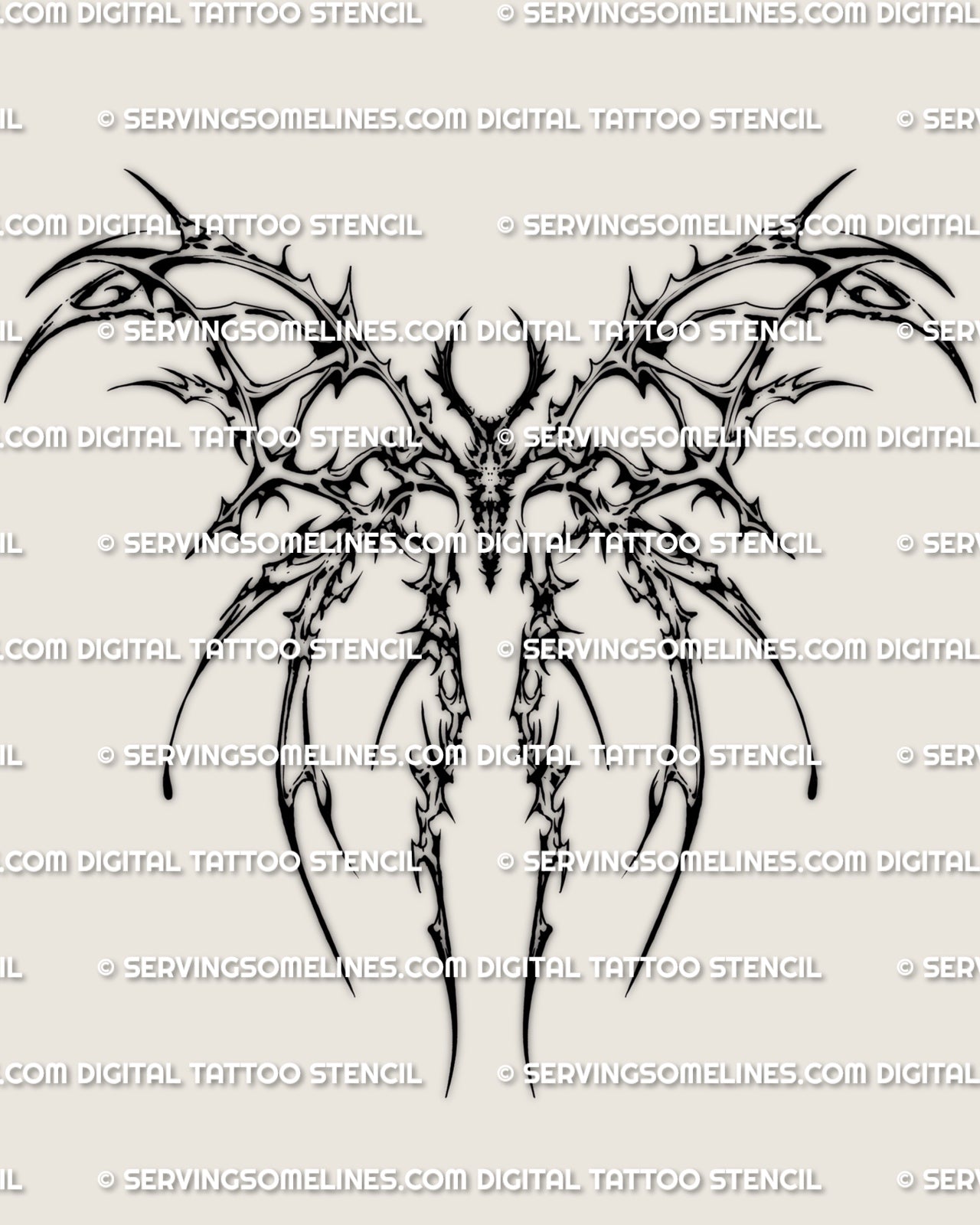 Sigil moth tattoo stencil download, cyber style moth outline with thin directional linework inside the wings