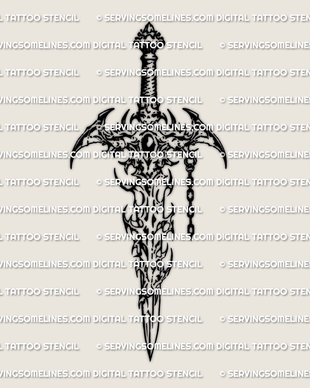 Sigilism dagger tattoo stencil preview, clean blade outline with cybersigilism details, instant download design file