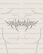 Sigilism chest tattoo design placed on female chest, showing gothic cyber tribal tattoo art and ornamental neotribal linework.