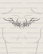 Sigilism ornamental heart tattoo flash placed on female chest center, symmetrical cybersigil pattern with flowing neotribal edge.