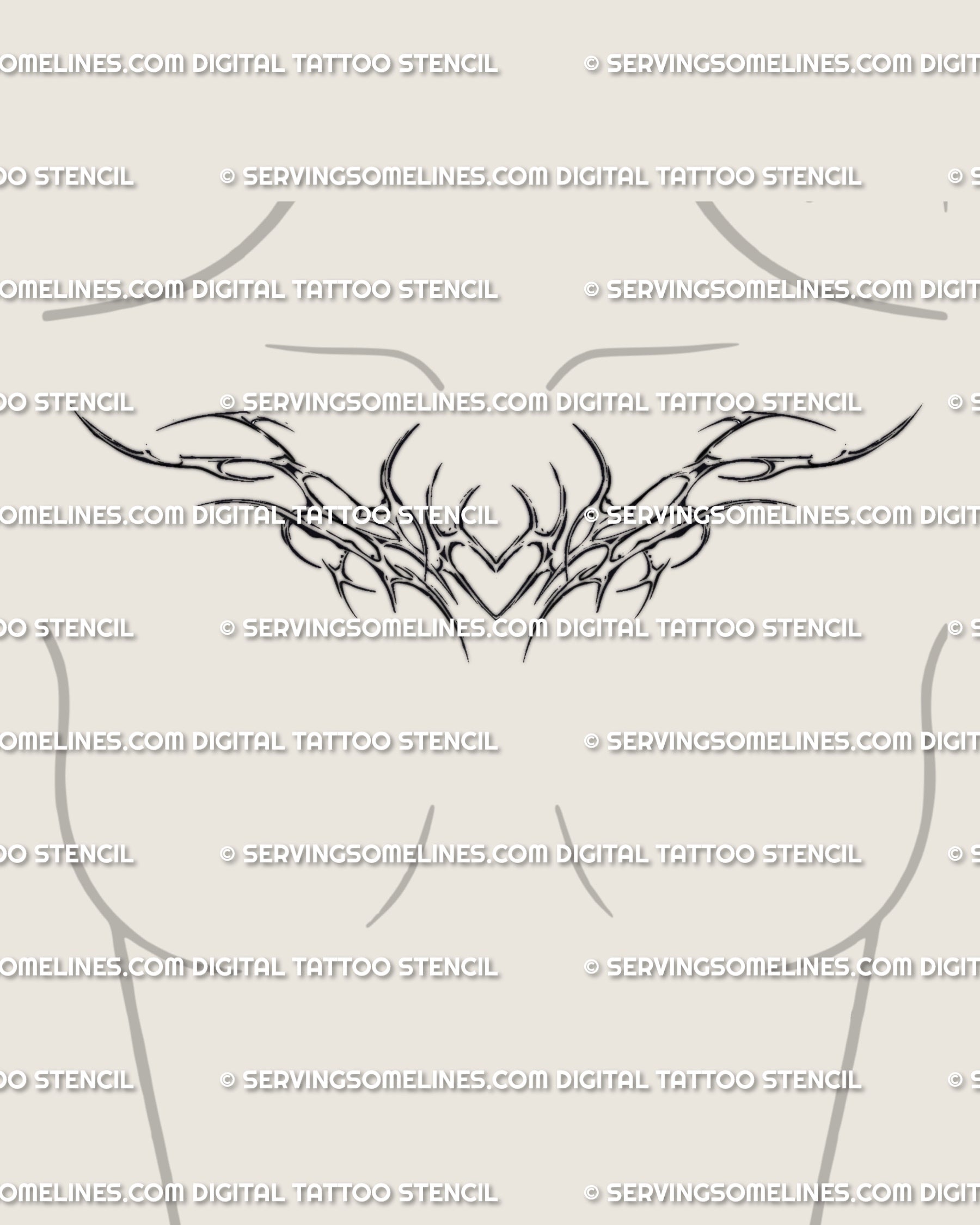 Sigilism ornamental heart tattoo flash placed on female chest center, symmetrical cybersigil pattern with flowing neotribal edge.