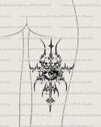 Single eye sigil tattoo stencil displayed on back of feminine thigh placement example, printable emblem download files.