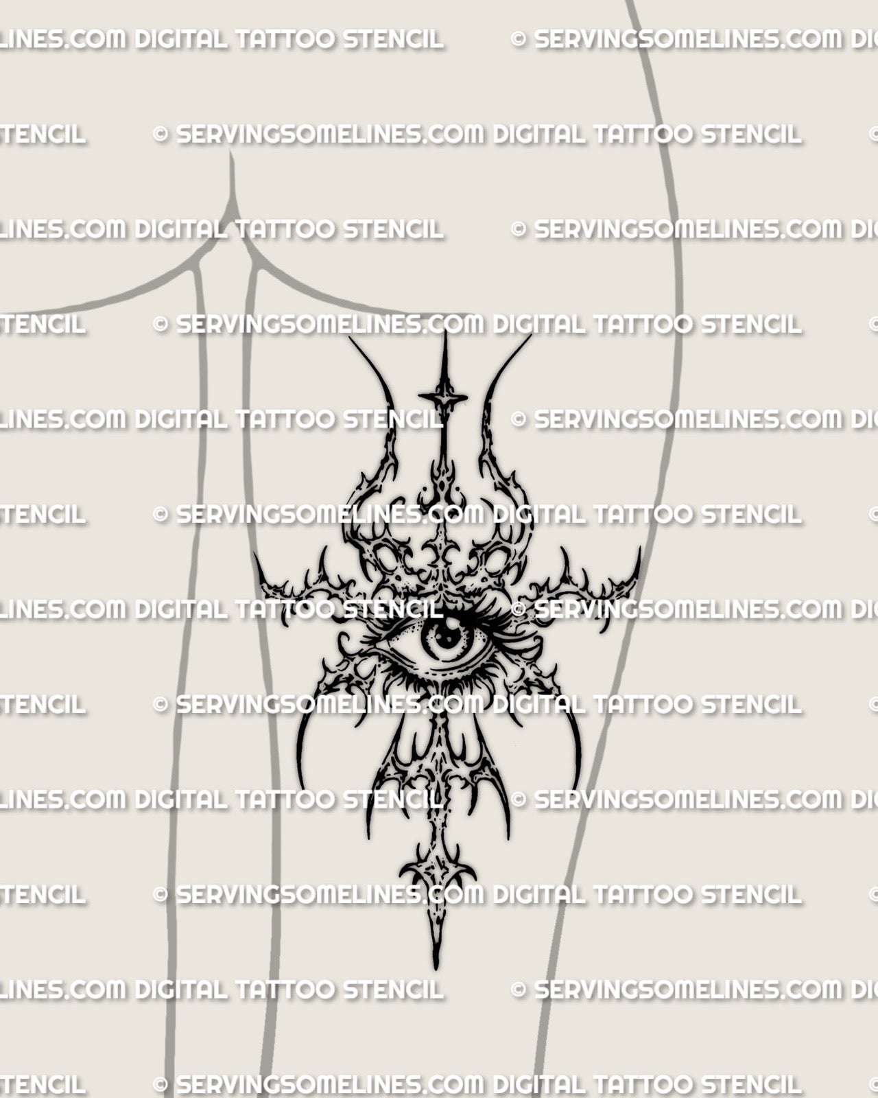 Single eye sigil tattoo stencil displayed on back of feminine thigh placement example, printable emblem download files.
