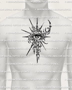 Single third eye stencil displayed on mens chest center placement example, clean symbolic eye tattoo download files.