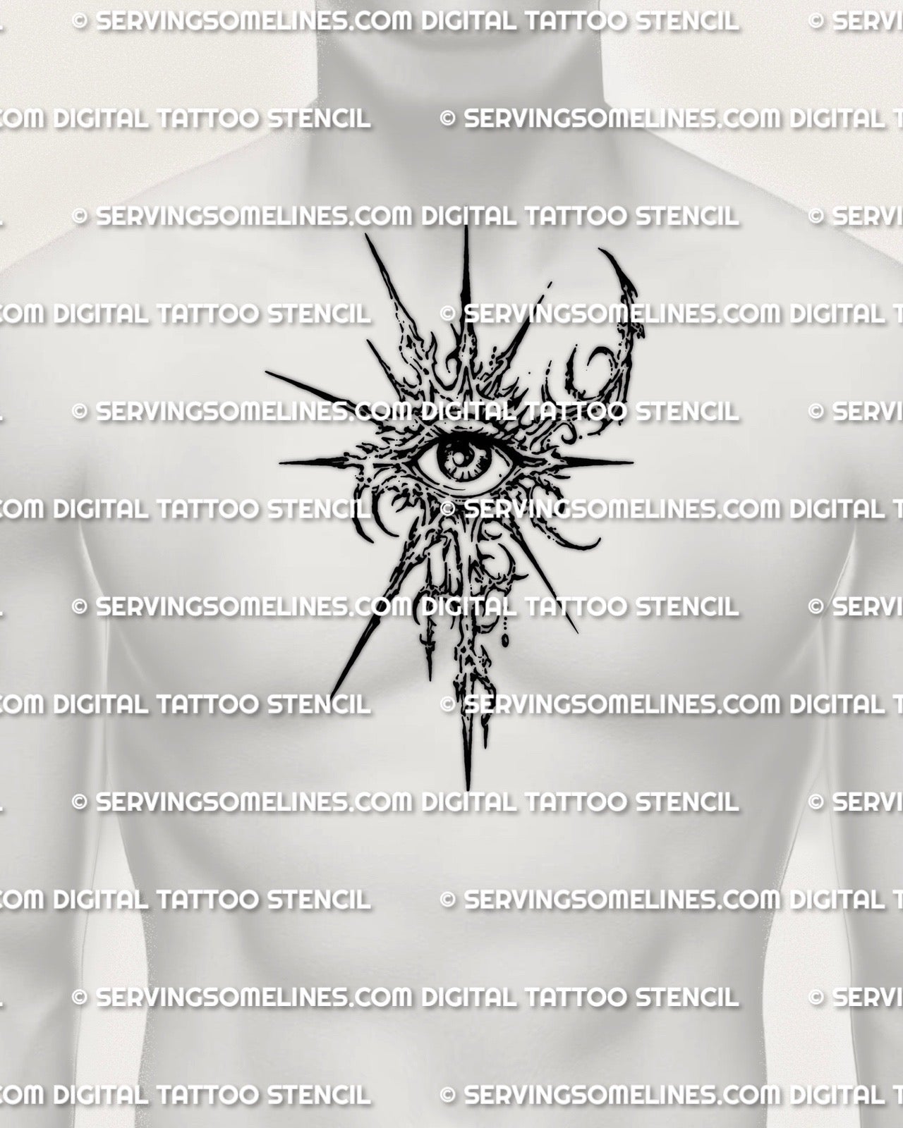 Single third eye stencil displayed on mens chest center placement example, clean symbolic eye tattoo download files.