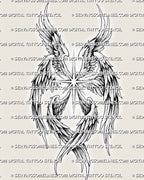 Six angel wings tattoo stencil design with radiant center, layered feathers, and printable black linework