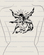 Female guardian angel tattoo stencil displayed on upper back placement, six-winged seraphim linework digital stencil preview. 