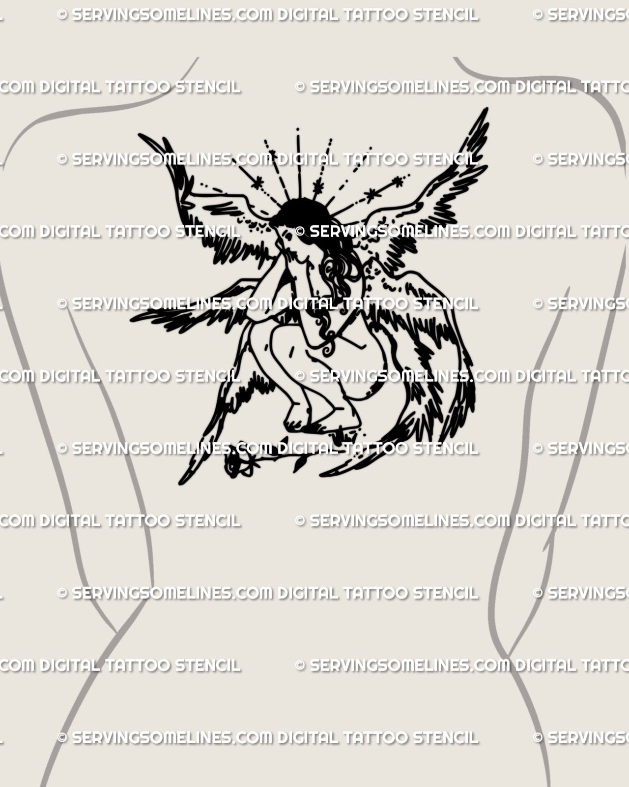 Female guardian angel tattoo stencil displayed on upper back placement, six-winged seraphim linework digital stencil preview. 