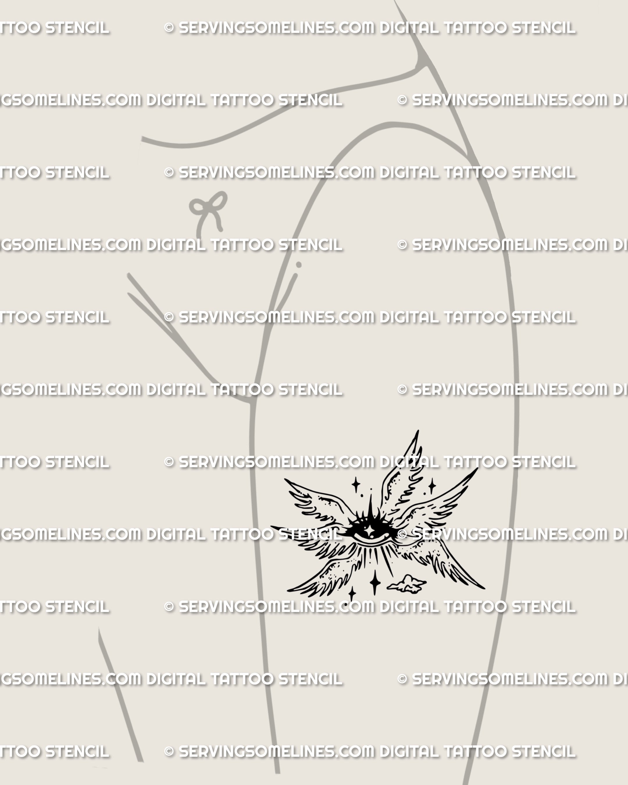 Six winged angel tattoo design shown on the thigh, a gothic angel eye stencil blending cyber sigil details with celestial symbolism for bold alternative ink.