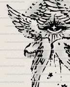 Close-up of fine line seraphim tattoo design, six angel wings and eye detail drawn in angelcore style with delicate geometric symmetry.