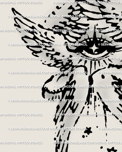 Close-up of fine line seraphim tattoo design, six angel wings and eye detail drawn in angelcore style with delicate geometric symmetry.