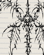 Close view of a skeletal winged spine tattoo stencil with skull center, spiky wings, and gothic linework