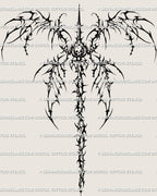 Skeletal winged spine tattoo stencil digital download design with dark back piece shape and skull detail