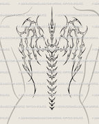 Feminine skeletal angel wings tattoo stencil shown as a full spine backpiece, gothic cyber tribal design blending ornamental bones with symmetry.