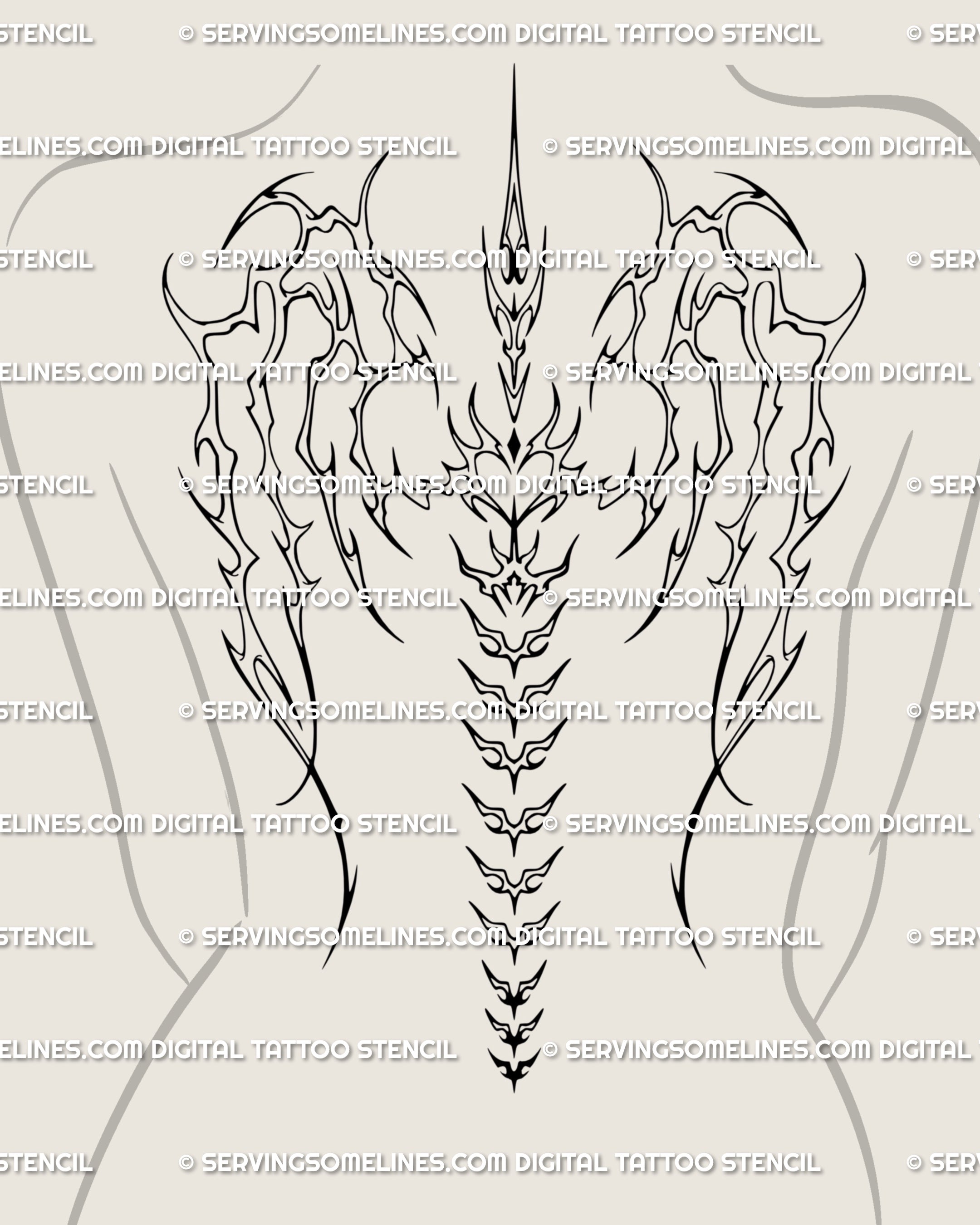 Feminine skeletal angel wings tattoo stencil shown as a full spine backpiece, gothic cyber tribal design blending ornamental bones with symmetry.